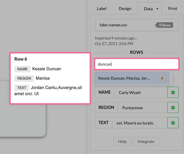 Where can I search for a specific Data Row?