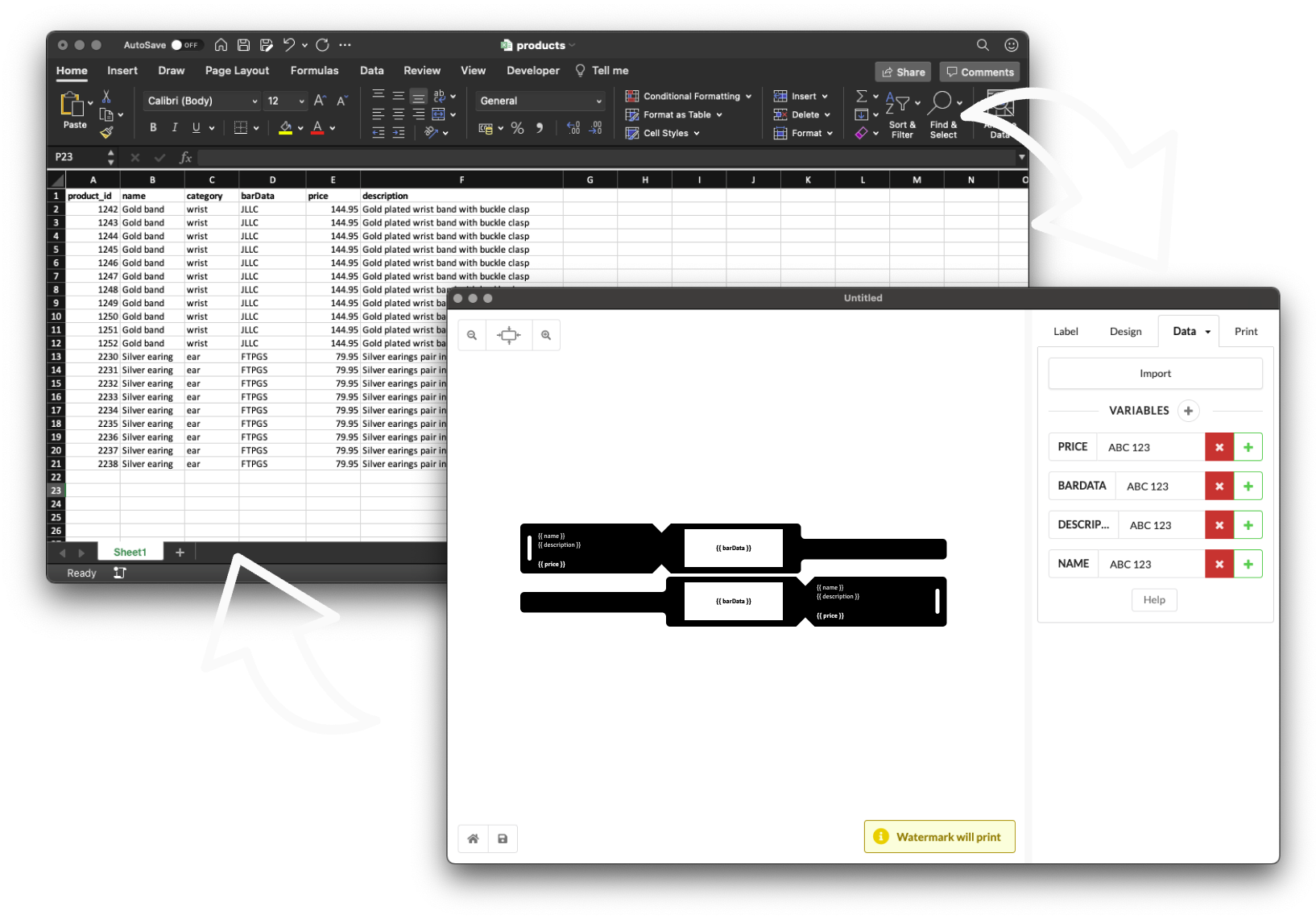 Two screenshots showing Microsoft Excel and Label LIVE printing from each other