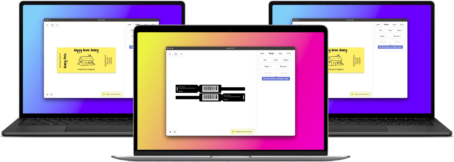 Two windows computers and a mac showing Label LIVE designing labels