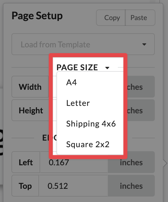 page sheet print tab setup size