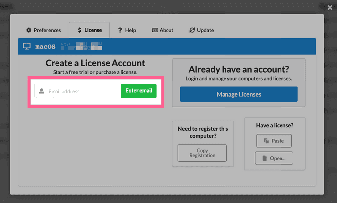 Sign up for a licensing account screenshot.