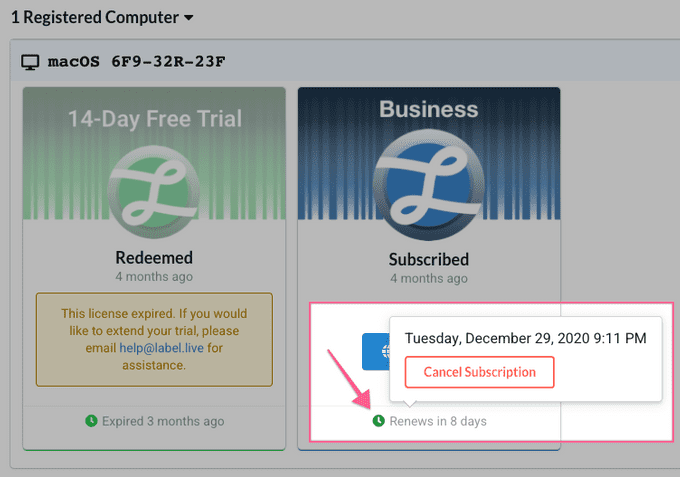 A screenshot showing you how to cancel your subscription in Label LIVE