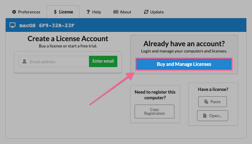 Screenshot showing how to manage licenses on Label LIVE